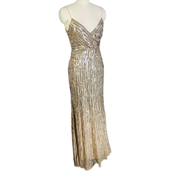 Mac Duggal 10817 Sequin Spaghetti Strap Gold Formal Gown | Size 2 - Picture 8 of 12